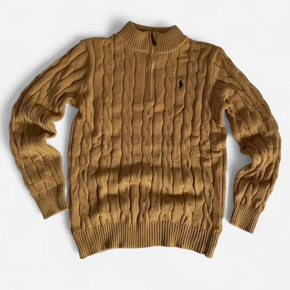 Polo Ralph Lauren Camel Melange brown cable knit cotton quarter zip sweater